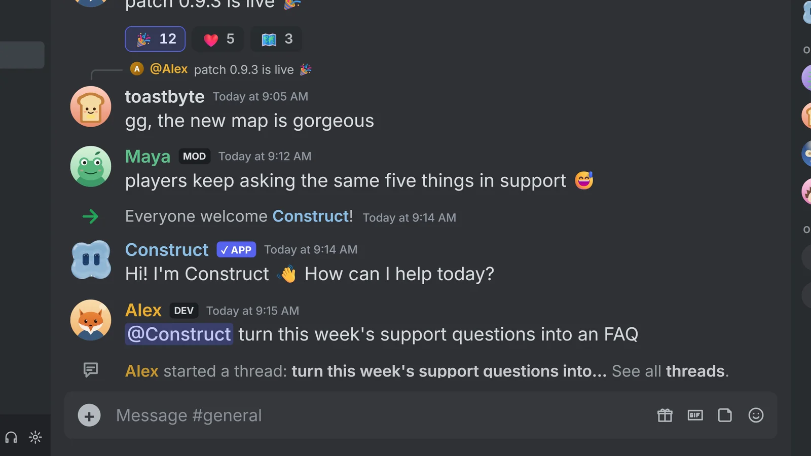 A Discord channel called #general in a game studio's server. Alex writes '@Construct turn this week's support questions into an FAQ', and below it Discord shows 'Alex started a thread: turn this week's support questions into...'. Earlier messages include a moderator, Maya, saying 'players keep asking the same five things in support'.