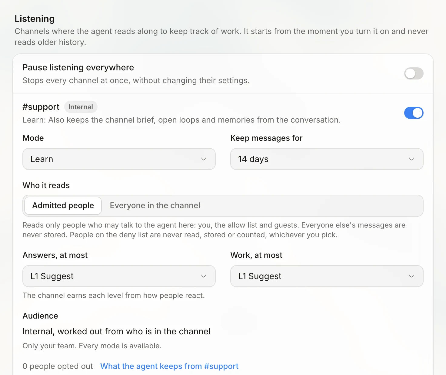 The Listening card in Construct's settings. A Pause listening everywhere switch is off. The #support channel, marked Internal, is on with Mode set to Learn, Keep messages for set to 14 days, Who it reads set to Admitted people, and Answers, at most and Work, at most both set to L1 Suggest. A note says 'The channel earns each level from how people react.' Below it, 0 people opted out and a link to What the agent keeps from #support. A second channel, #general, is on Context.
