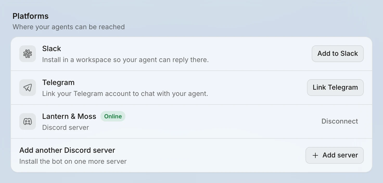 The Platforms card in Construct's Messaging settings, subtitled 'Where your agents can be reached'. Slack shows an Add to Slack button and Telegram a Link Telegram button. Below them, a Discord server called Lantern & Moss has a green Online badge and a Disconnect button, and a last row reads 'Add another Discord server, Install the bot on one more server' with an Add server button.